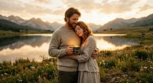 A couple embraces in a field of wildflowers by a mountain lake during a golden sunset