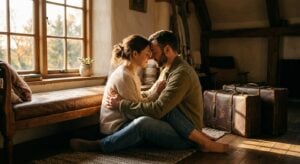 A couple embraces on a wooden floor, foreheads touching in a sunlit room next to vintage suitcases