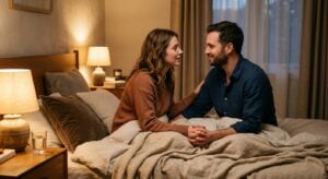 A couple sits on a bed, holding hands and looking at each other affectionately in a warmly lit bedroom