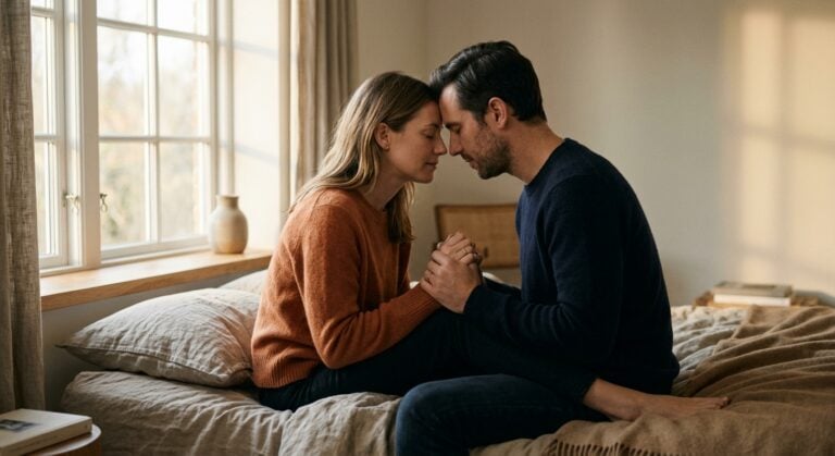 A couple sits on a bed, holding hands and touching foreheads with their eyes closed in an intimate moment
