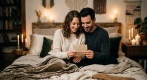 A couple sits on a bed in a candlelit room, smiling as they read a letter together