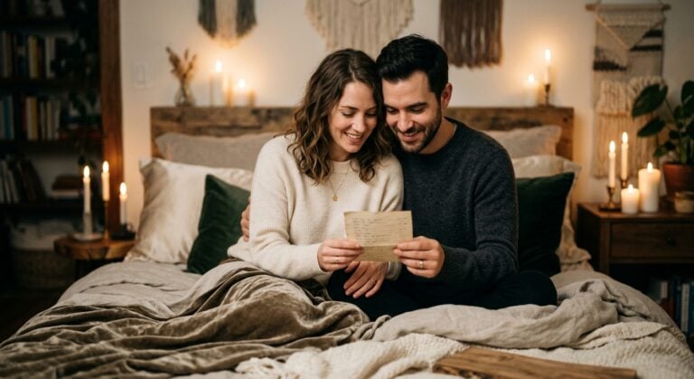 A couple sits on a bed in a candlelit room, smiling as they read a letter together