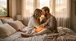 A couple sits on a bed, laughing and touching foreheads in a cozy, sunlit bedroom