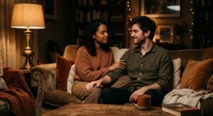 A couple sits on a couch in a cozy, dimly lit living room, looking at each other affectionately