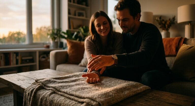 A couple sits on a couch in a cozy living room at sunset as the man gently holds the woman's hand