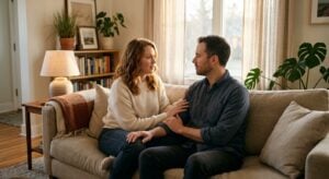 A couple sits on a couch, looking at each other with serious expressions while holding hands