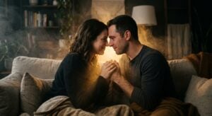 A couple sits on a couch, touching foreheads and holding hands in a cozy, dimly lit room