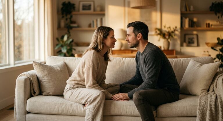 A couple sits on a sofa, holding hands and looking into each other's eyes in a warm, sunlit living room