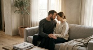 A couple sits on a sofa in a minimalist living room, touching foreheads with their eyes closed