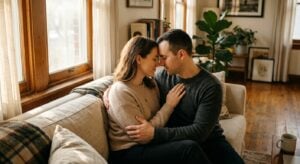A couple sitting on a couch in a sunlit living room, leaning their foreheads together with eyes closed