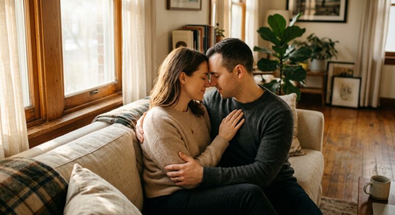A couple sitting on a couch in a sunlit living room, leaning their foreheads together with eyes closed