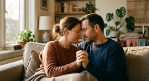 A couple sitting on a couch, leaning their foreheads together and holding hands with eyes closed