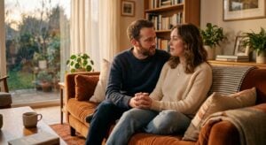 A couple sitting on a sofa, holding hands and looking at each other during a serious conversation