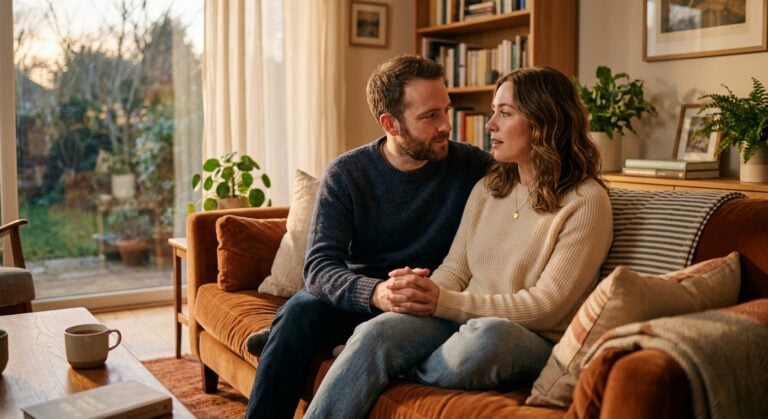 A couple sitting on a sofa, holding hands and looking at each other during a serious conversation