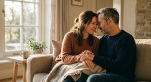 A couple sitting on a sofa, touching foreheads and holding hands in a sunlit living room
