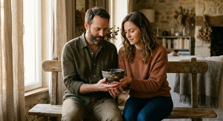 A couple sitting on a wooden bench, holding a kintsugi bowl repaired with gold