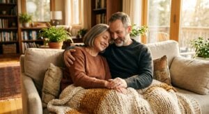 A happy middle-aged couple cuddling on a sofa under a blanket in a cozy living room