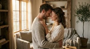 A man and woman embrace with foreheads touching in a warm, sunlit room