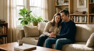 A man and woman sit close together on a couch, looking somber as they hold hands and lean on each other