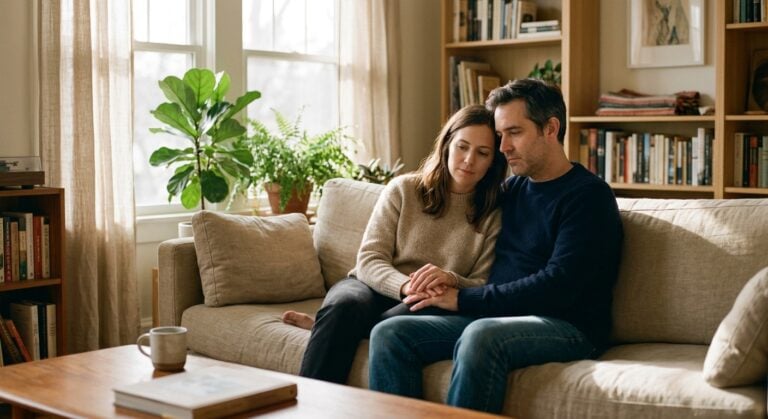 A man and woman sit close together on a couch, looking somber as they hold hands and lean on each other