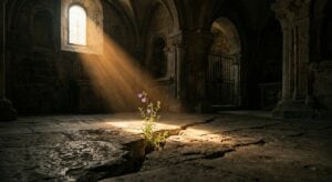 A small purple flower growing from a crack in a dark stone floor, bathed in a beam of sunlight