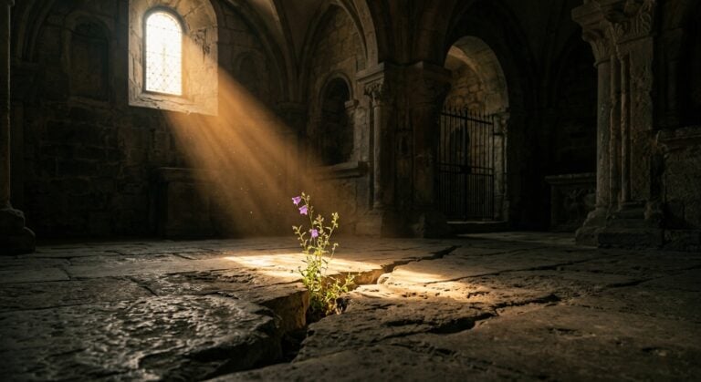 A small purple flower growing from a crack in a dark stone floor, bathed in a beam of sunlight