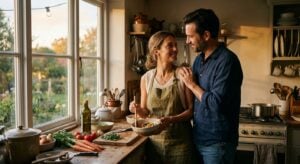 A smiling couple prepares a meal together in a sunlit, rustic kitchen