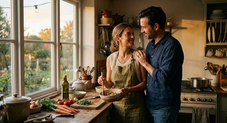 A smiling couple prepares a meal together in a sunlit, rustic kitchen