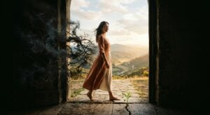 A woman walks from a dark, smoky interior into a bright valley, passing a small plant growing in the stone path