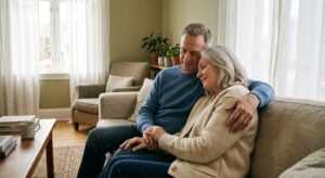 An older couple sits affectionately on a sofa in a cozy living room