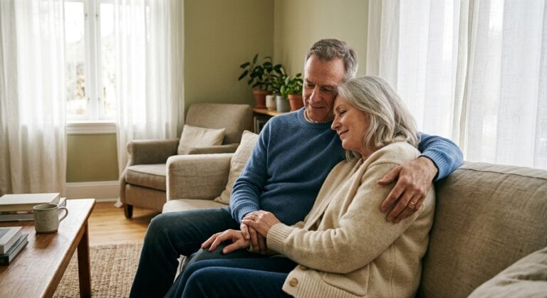 An older couple sits affectionately on a sofa in a cozy living room