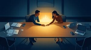 Two people at a cluttered conference table reaching toward a glowing fire in the center of the desk