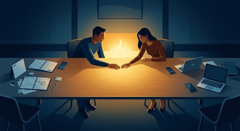 Two people at a cluttered conference table reaching toward a glowing fire in the center of the desk