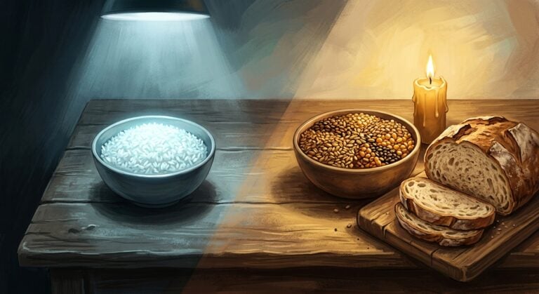 A bowl of white rice under cool blue light next to a bowl of grains and sliced bread under warm candlelight
