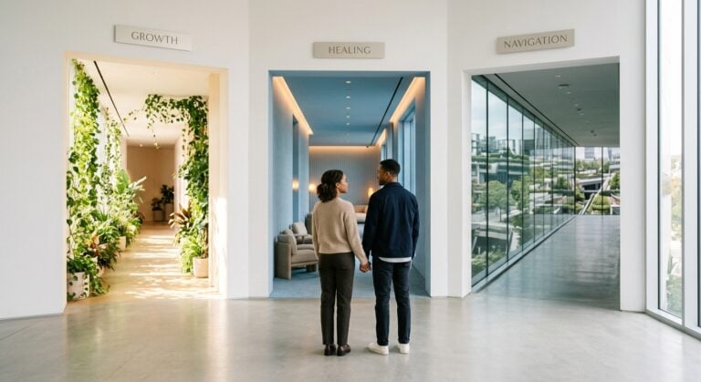 A couple holding hands stands before three doorways labeled Growth, Healing, and Navigation