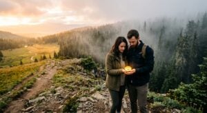 A couple looks at a glowing compass while standing on a rocky ridge overlooking a misty valley at dawn