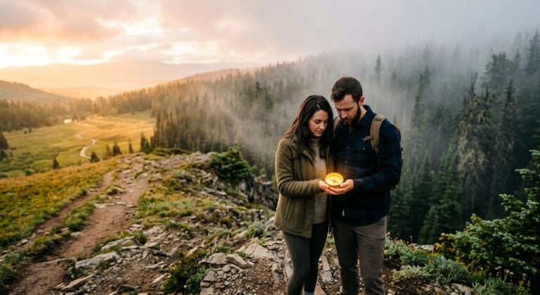 A couple looks at a glowing compass while standing on a rocky ridge overlooking a misty valley at dawn