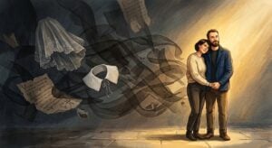 A couple stands in a beam of light, looking away from dark shadows containing a lace veil and old documents