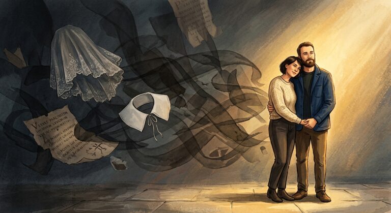 A couple stands in a beam of light, looking away from dark shadows containing a lace veil and old documents