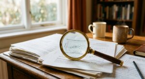 A magnifying glass magnifying a correlation analysis chart on a stack of research papers