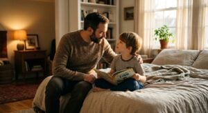A man and a young boy sitting on a bed, looking at each other while holding a book titled The Adventures of Finn