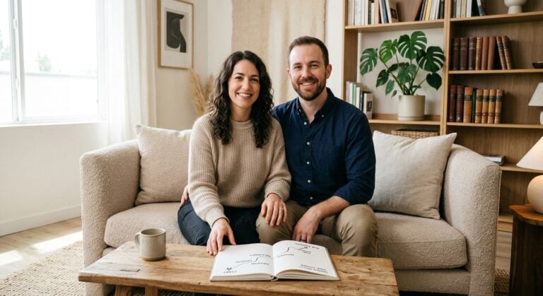 A smiling man and woman sit together on a sofa in a bright living room with an open book on a coffee table