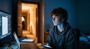 A young person sits at a desk in a dark room, looking at a computer monitor and holding a smartphone