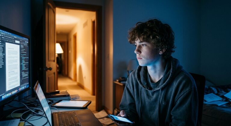 A young person sits at a desk in a dark room, looking at a computer monitor and holding a smartphone
