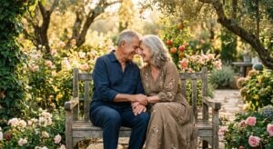 An elderly couple smiling and touching foreheads while sitting on a wooden bench in a sunlit flower garden
