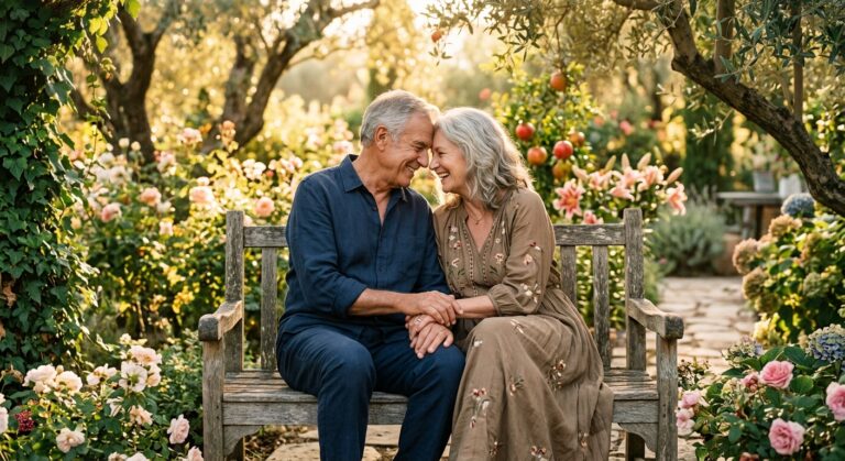 An elderly couple smiling and touching foreheads while sitting on a wooden bench in a sunlit flower garden
