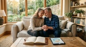 An older couple sits close together on a sofa, holding hands with a notebook and tablet on the table before them