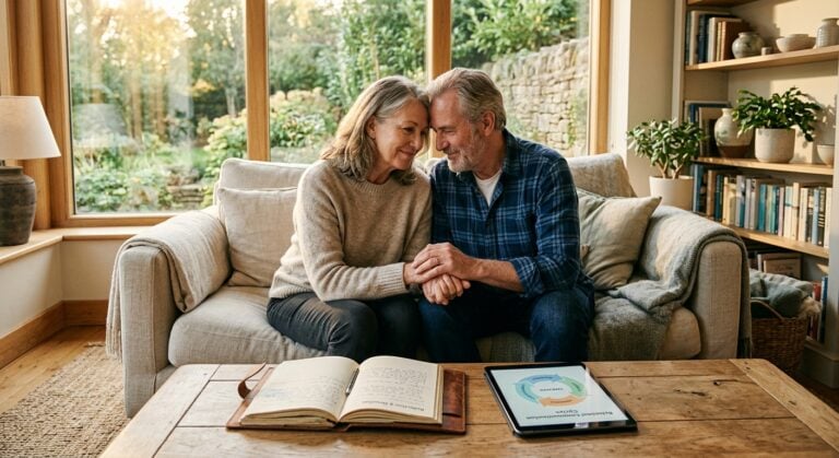 An older couple sits close together on a sofa, holding hands with a notebook and tablet on the table before them