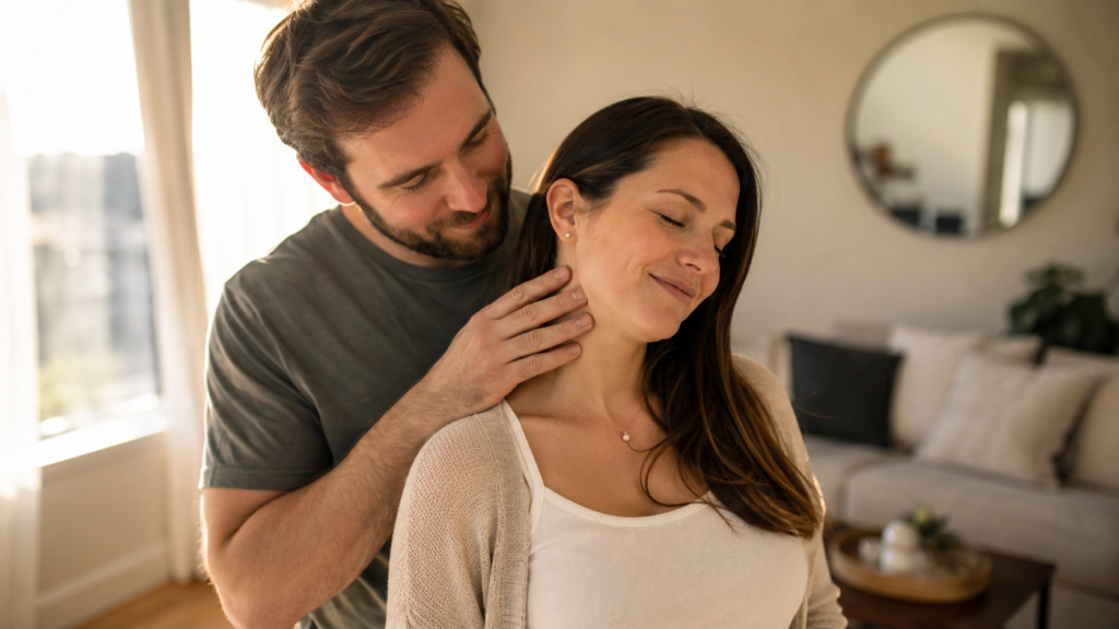 A husband standing behind his wife with his hand resting gently against the nape of her neck as she leans back into him