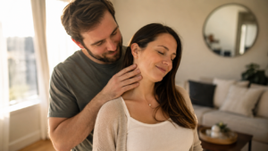 A husband standing behind his wife with his hand resting gently against the nape of her neck as she leans back into him
